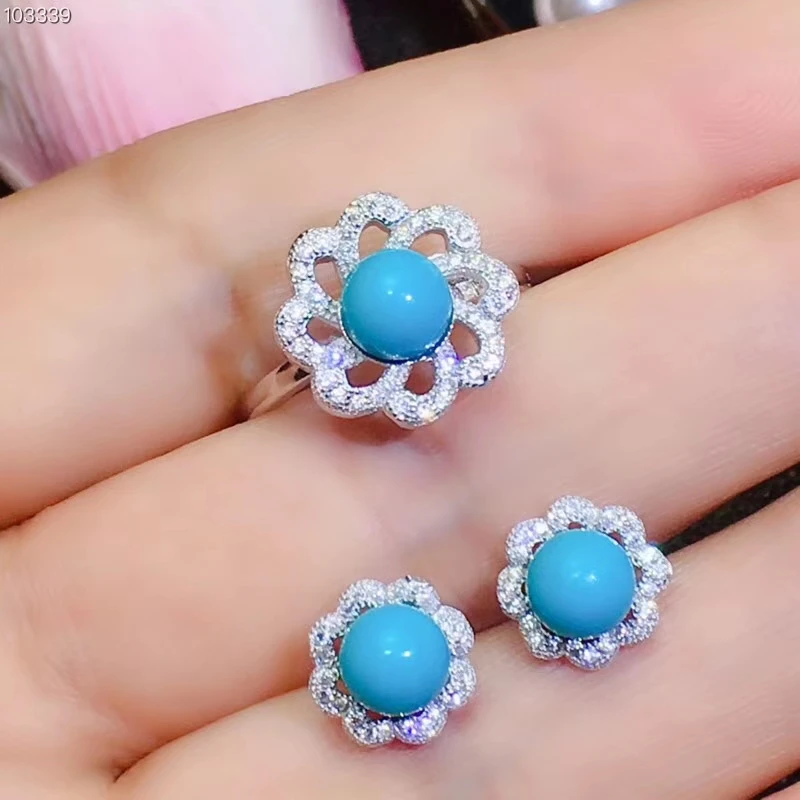 elegant blue turquoise ring and stud earrings jewelry set women ornament 925 Sterling silver fine jewelry round natural gem gift