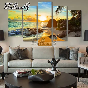 

FULLCANG 5pcs diamond painting "ocean sunset beach seascape" full square rhinestone cross stitch mosaic embroidery hobby G1006