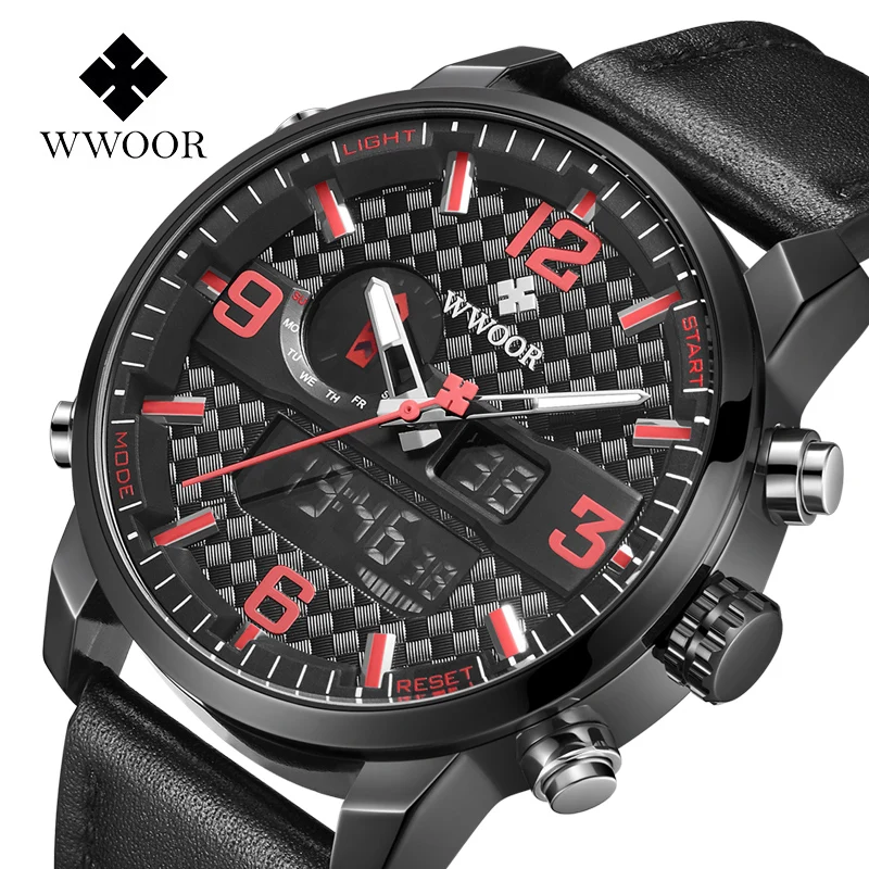 

2019 WWOOR New Men's Fashion Sport Watch Men Leather Waterproof Quartz Wristwatch Male Analog Date LED Clock Relogio Masculino