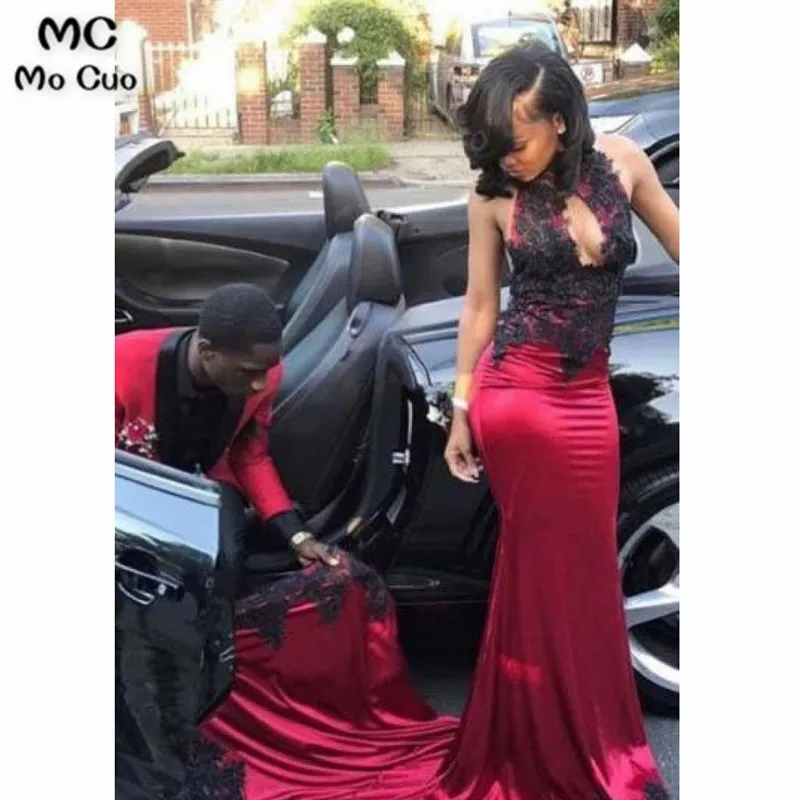 Lace Key-Hole High Neck Sleeveless Long Stretch Mermaid Prom Dress with Court Train