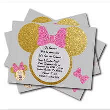 14 шт./партия, золотые блестящие приглашения на вечеринку с Минни Маус, Детские приглашения на день рождения, вечерние изделия для декорации