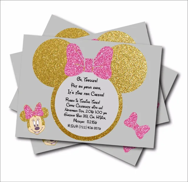 14 Pcs Lot Minnie Mouse Gold Glitter Custom Party Invites Minnie