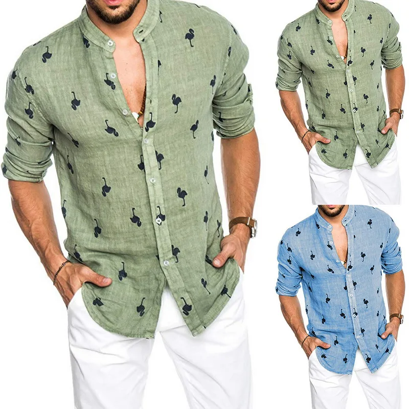 2019 летняя рубашка Повседневная гавайская рубашка Фламинго печать Кнопка с длинным рукавом мужские рубашки тонкая льняная рубашка новая