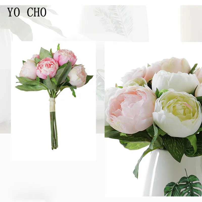 YO CHO 10 голов Шелковый Искусственный Пион цветок розовая роза невесты белый большой пион ручной Букеты Свадебные вечерние украшения для дома искусственные цветы