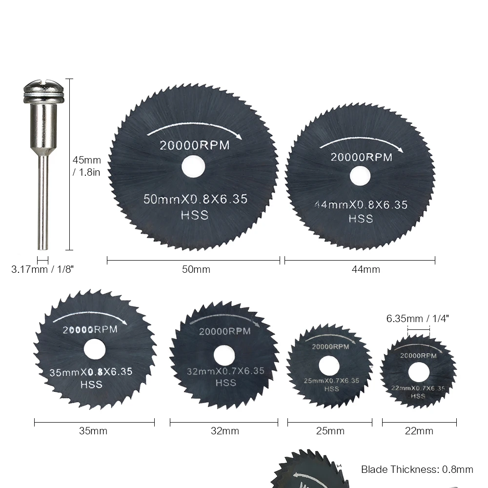 

6pcs HSS Circular Saw Blades High Speed Steel Circular Rotary Blade Wheel Discs Tools Kit Set with 1/8 Shank for Cutting Wood