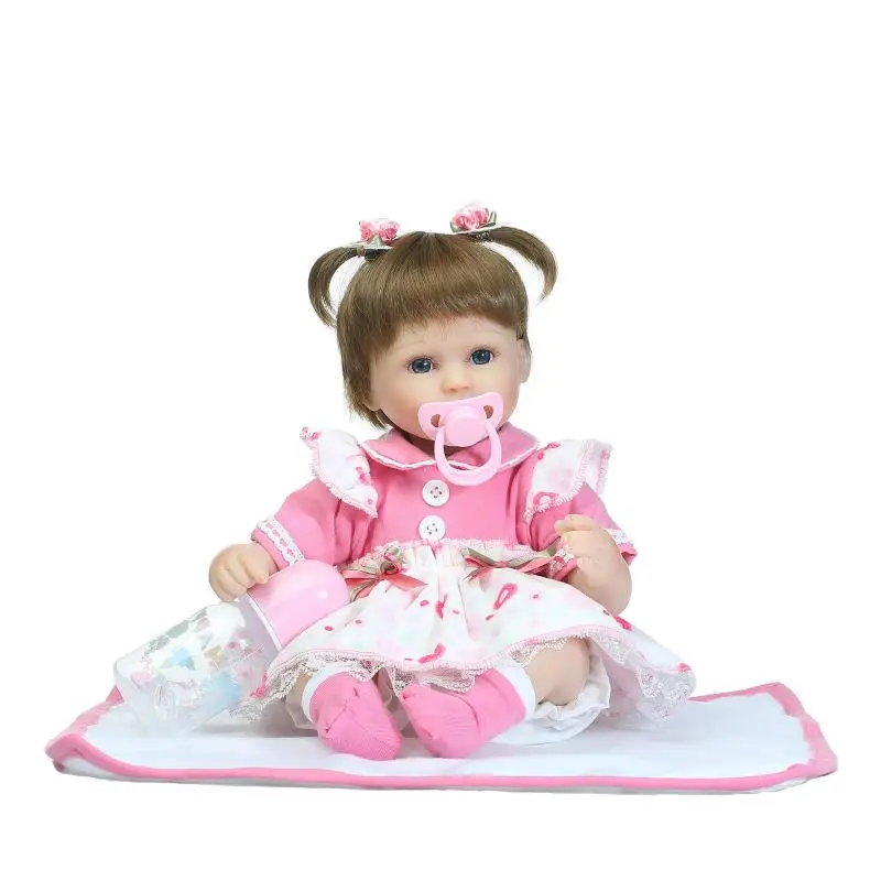 

40cm Soft Silicone Dolls Reborn Baby 18" Collection Doll Brown Wig Girl Handmade Cotton Body Lifelike Bebe juguetes Babies Toys
