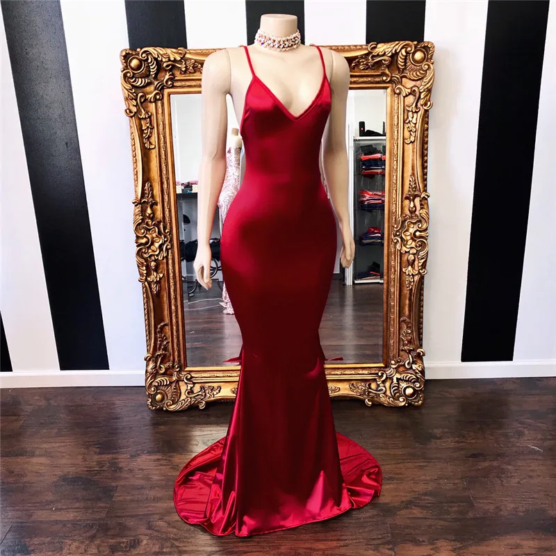 African Long Backless Prom Dresses 2019 Sexy Mermaid Halter Neck Red Evening Party Gowns Formal Sweep Train abiye gece elbisesi