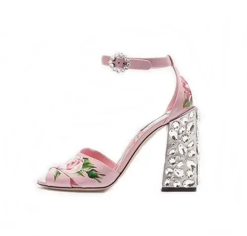 

Newest Women Pink Floral Decoration Peep Toe Ankle Buckle Strap Sandal Summer Fashion Crystal Embllished 10cm Heel Wedding Shoes