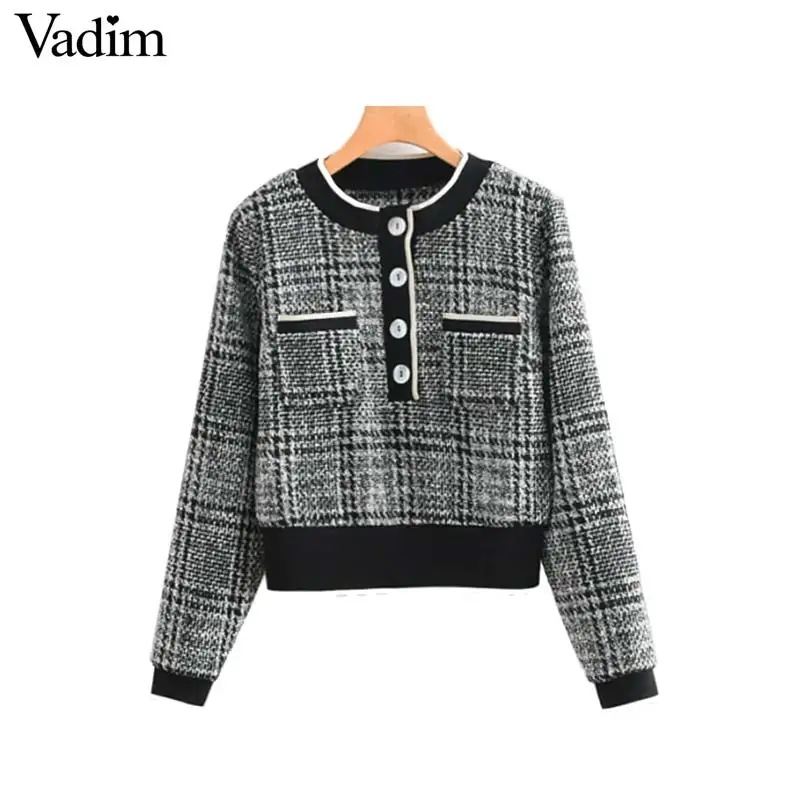 

Vadim women tweed patchwork sweatshirts short style pockets buttons long sleeve pullovers female casual vintage tops HA203