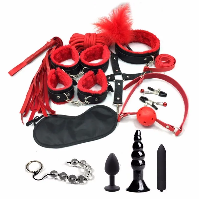 14 шт. бандажный привязной ремень для БДСМ набор наручники для секса кнут рот кляп и веревка анальные шарики Анальная пробка пуля вибратор