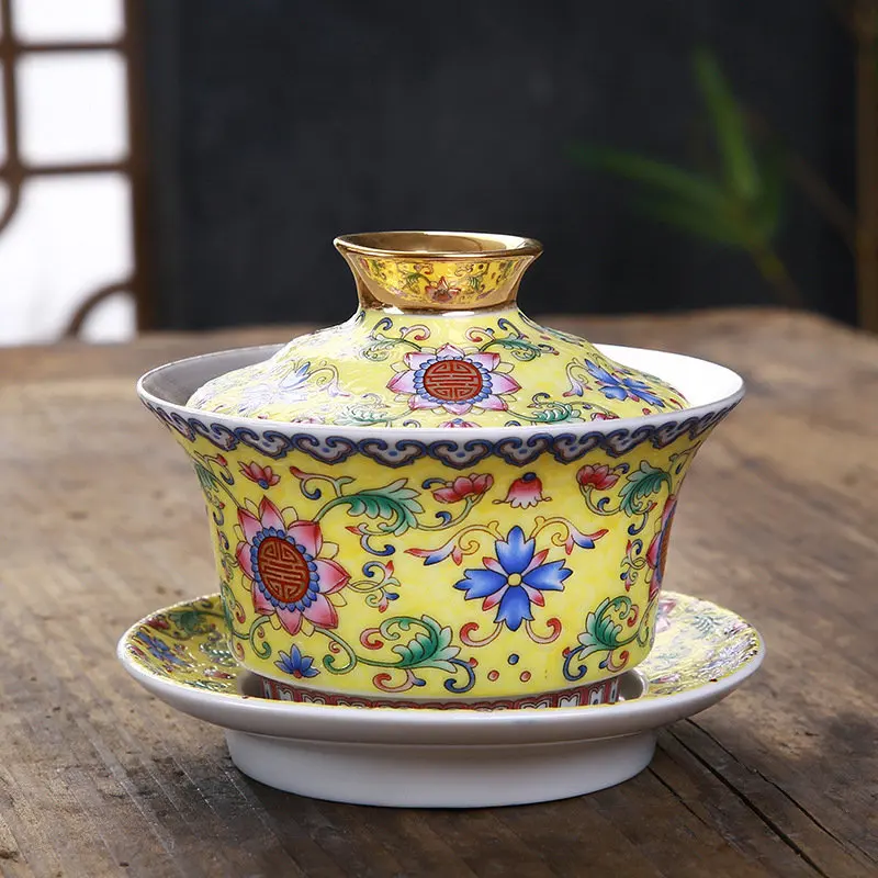 Серебряная фарфоровая чаша Gaiwan, Набор чашек ручной работы, пион, цветок лотоса, керамическая супница, китайский чайный сервиз Кунг-фу, чашка gaiwan, блюдце, крышка - Цвет: Picture color