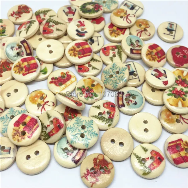 200pcs Mixed Christmas Natural Wood Buttons Round Sewing Accessories