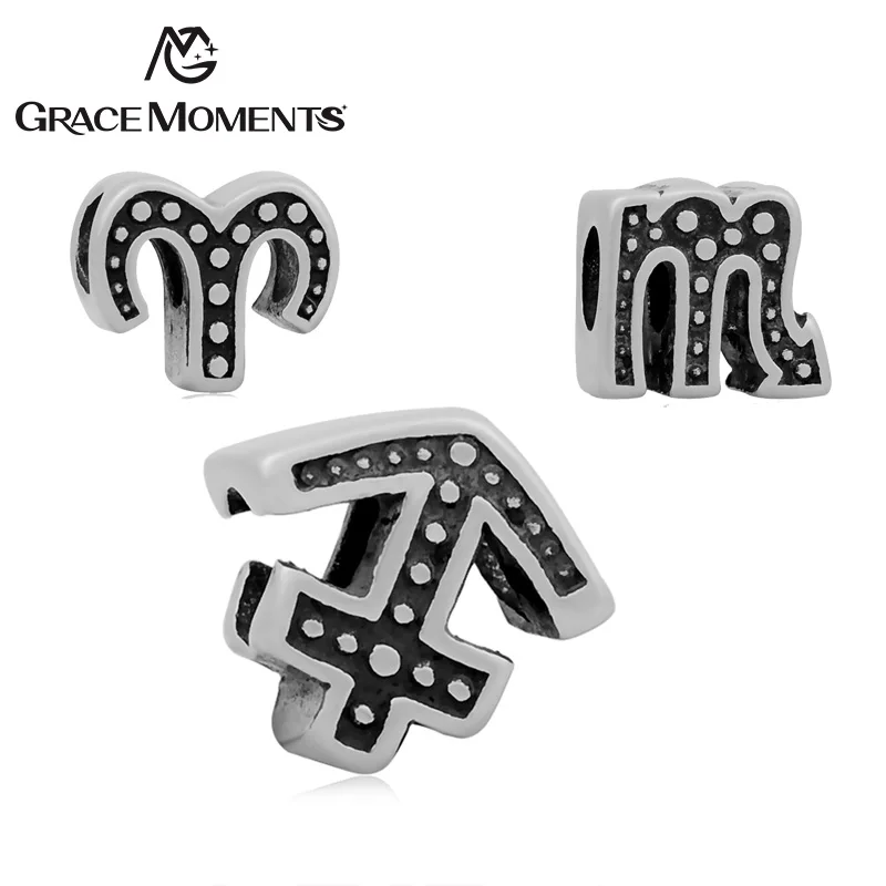 

5pcs/lot GRACE MOMENTS Stainless Steel Zodiac Sign Spacer Beads DIY Big Hole Bead for Jewelry Making For DIY Bracelet Necklace