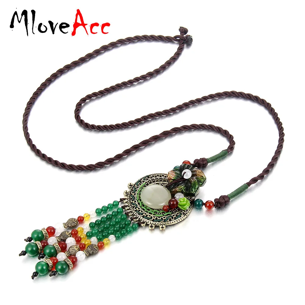 

MloveAcc Handmade Natural Stone Pendant Necklace with Long Green Multicolor Beads Tassel Braided Vintage Necklaces for Women