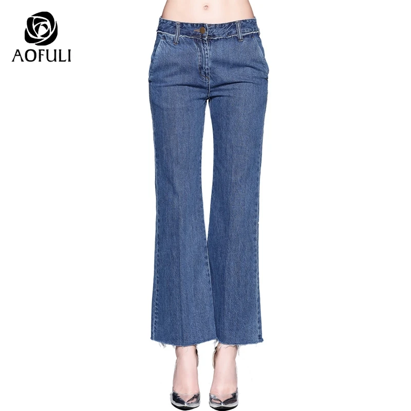 

S/L/XL/2XL Fashion Washed Flare Pants Full Length Tassel Trousers Plus Size Women Casual Denim Long Jeans AOFULI B5168