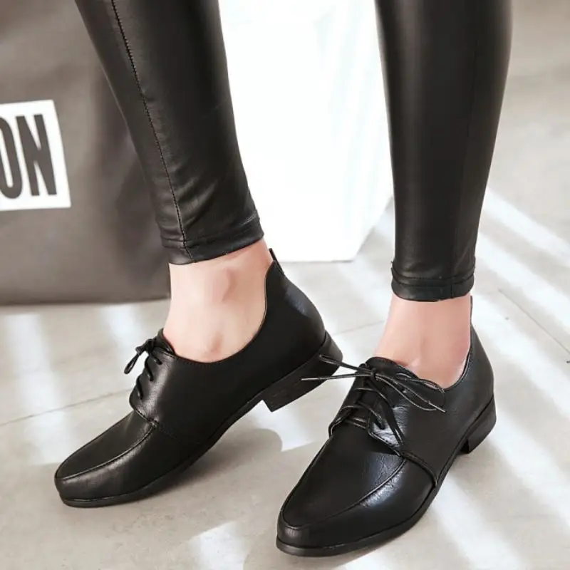 SJJH Woman Lace-up Neutral Pumps with Point Toe Low Heels Soft Leather Brogues Fashion Casual Working Shoes Large Size Q035