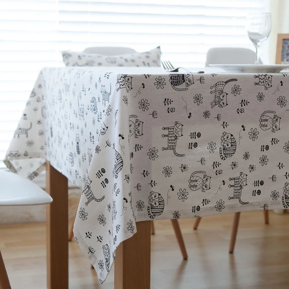 

Modern Fashionable White Linen Table Cloth Black Cats Printed Tablecloths Multi size Rectangle Coffee Table Cover For Home Party
