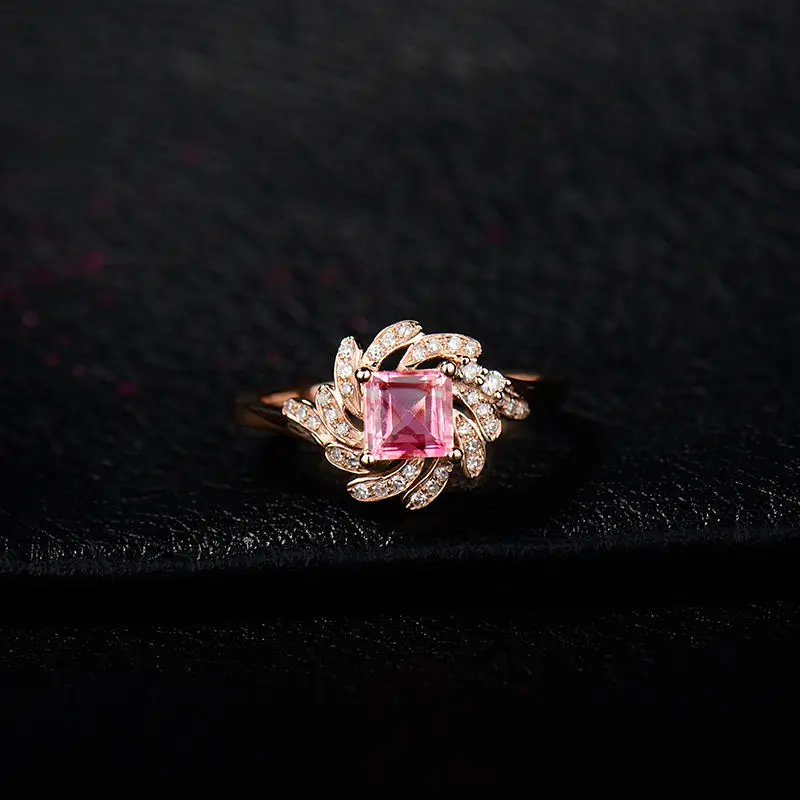 Trendy Princess Cut 5x5mm Pink Tourmaline Gemstone Ring Diamond In 18K Rose Gold For Party Fine Jewelry