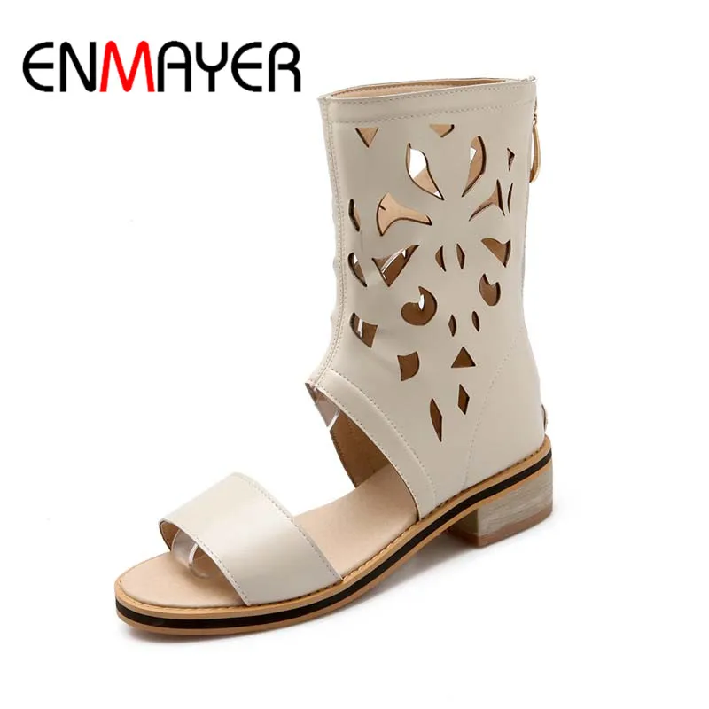 

ENMAYER LargeSize 34-47 New Fashion Women's Gladiator Knee High Sandals Cut Outs Flat Summer Boots Solid Color Dress Shoes Woman