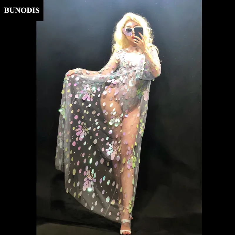 

ZD301 Women Sexy Bodysuit & Long Sleeve Cloak Full Of Sprakling Colorful Sequins Nightclub Party Dancer Stage Wear Performance