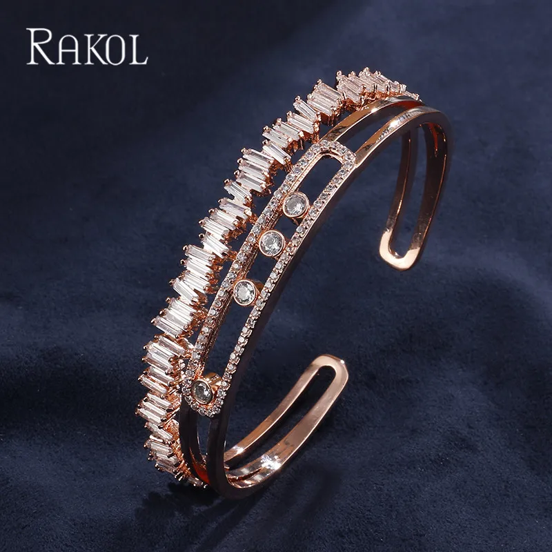 

RAKOL Shiny Column Shape Zircons Cluster Elegant Rose Gold Color Opening Bracelets & Bangles For Women Birthday Gift Jewelry