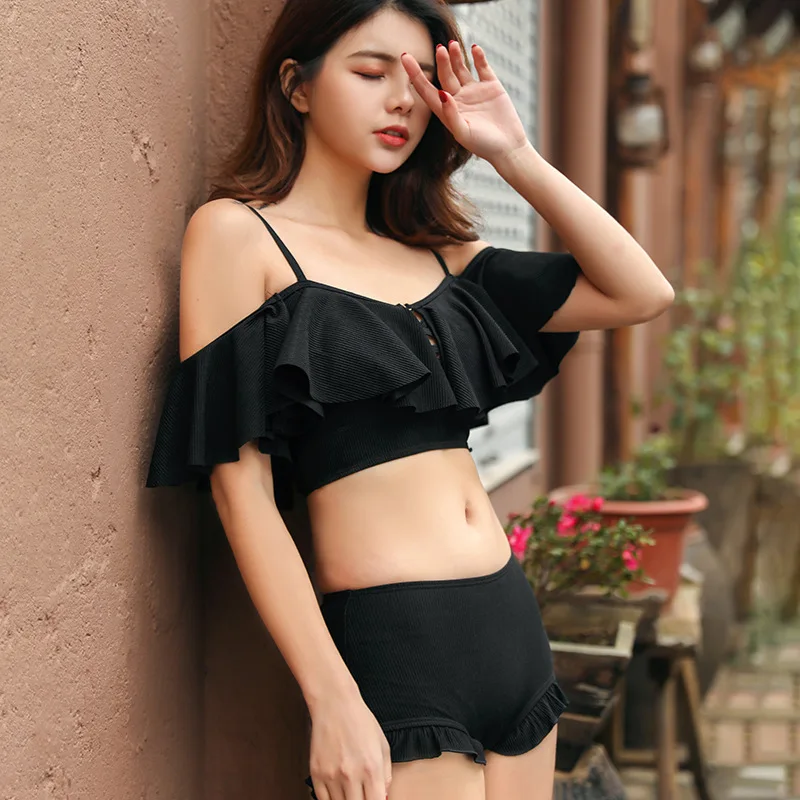 

Swimsuit 2019 New Woman's Surfing Bikini Bathing Suit Push Up Solid Color Sexy Condole Belt Falbala Dress Pants Beach Polyester