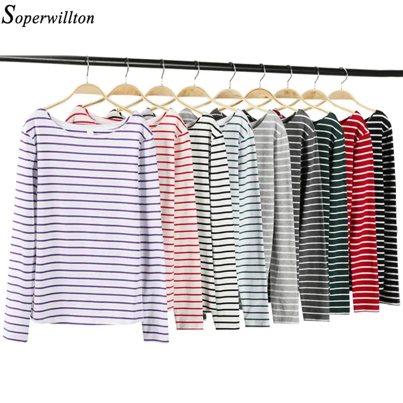

T Shirt Femme Cotton Tshirt Women 2019 Long Sleeve Striped T-Shirt Female Tops Tee Autumn Winter Feminina White Black Red T84