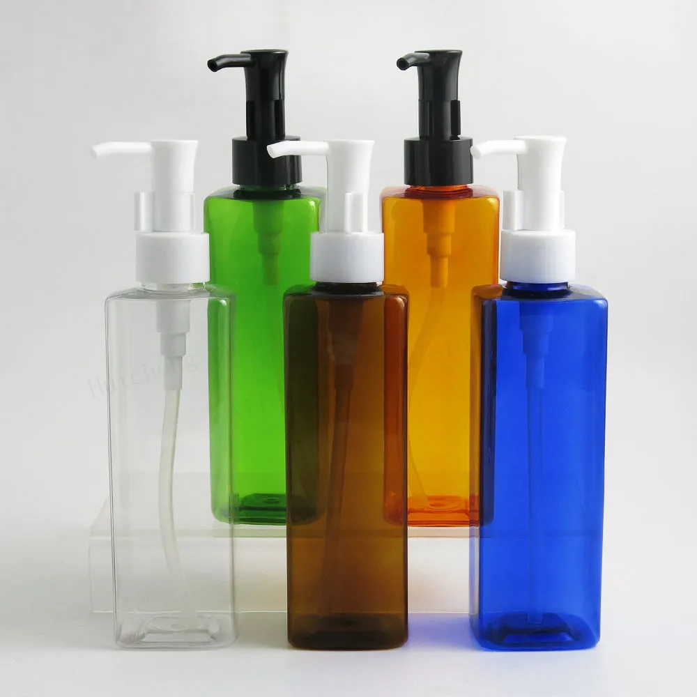 

20 X 240ml Square Large PET Plastic lotion pump Bottle 8oz PET Amber Blue Clear Red Green Cream Shampoo Dispensing Containers