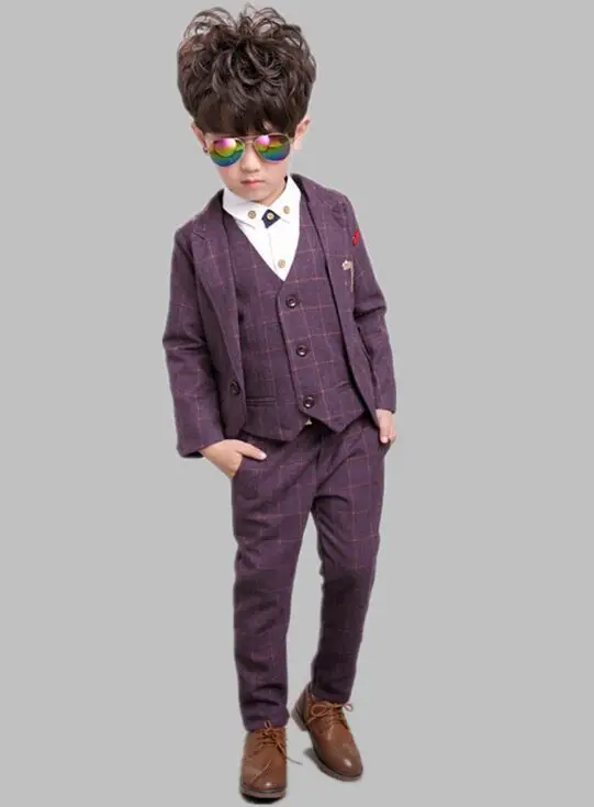 Новинка года, детский костюм костюмы для маленьких мальчиков Детский Блейзер торжественный костюм для мальчиков на свадьбу, комплект одежды для мальчиков, куртка+ жилет+ штаны, От 2 до 14 лет из 3 предметов - Цвет: purple