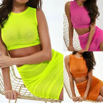

Women 2PCS Fashion Ruched Sets Mesh Sheer Sexy Set Sleeveless Crop Top + Mini Skirt Set See Through Cocktail Party Sets Clothing