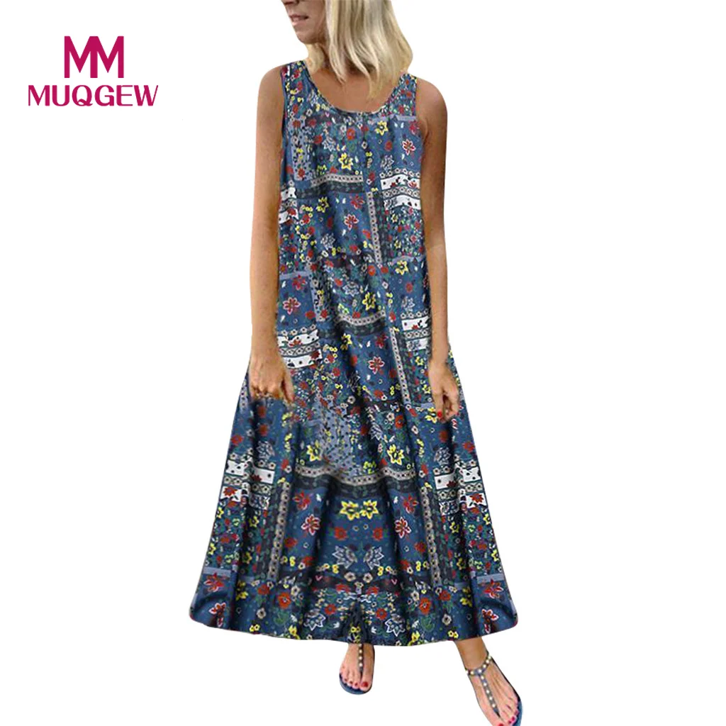 

MUQGEW Women Summer Dress Plus Size Casual Loose Sleeveless Nationsl Style Print Long Maxi Dress vestido de festa longo