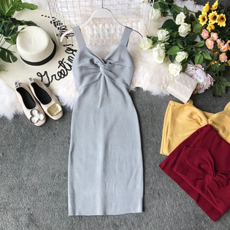 

2019 summer new v-neck knitted women dresses solid sexy short night club lady elegant party dresses top quality