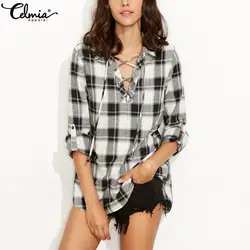 Celmia 2018 Осенние новые модные женские туфли проверьте блуза в клетку Ретро Blusas v-образным вырезом на шнуровке с длинным рукавом Повседневное