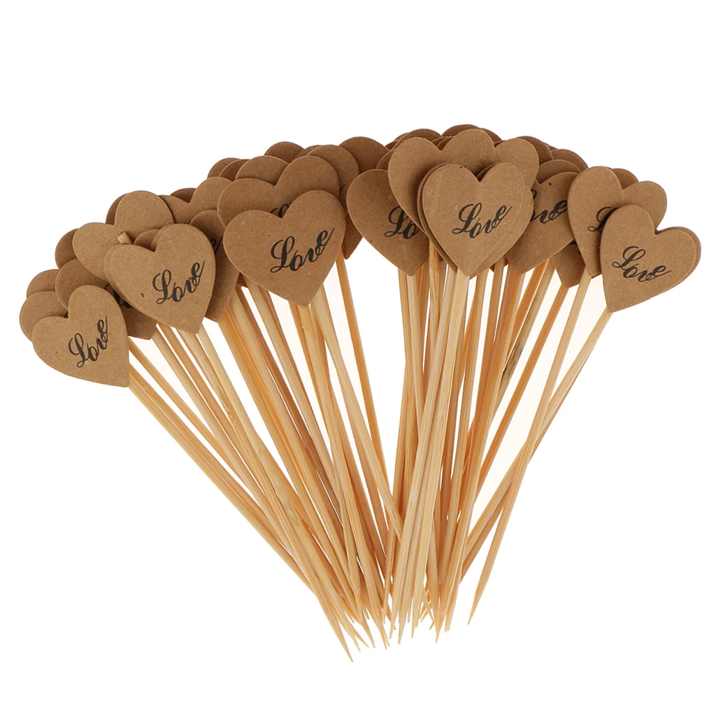 50 Pieces Retro Kraft Paper Heart Cupcake Topper Food Picks Wedding Engagement Birthday Parties Decor LOVE Paper 