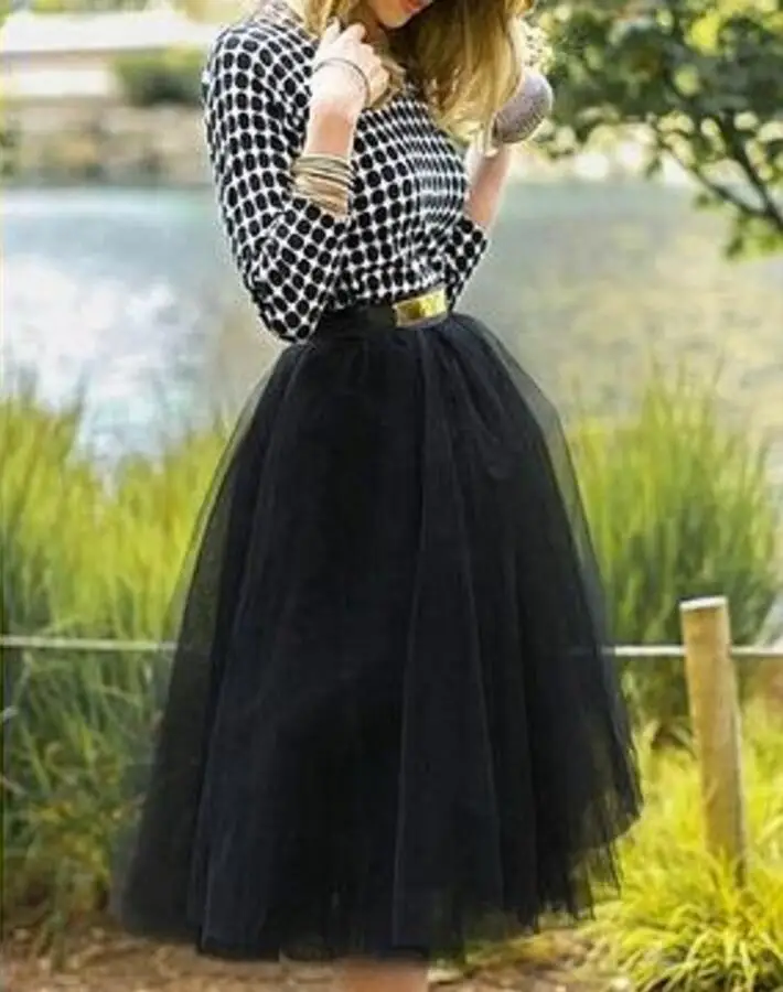 Женская Тюлевая юбка до середины голени, юбки черного цвета с завышенной талией, юбки для женщин, американская одежда, плиссированная длинная одежда - Цвет: picture color