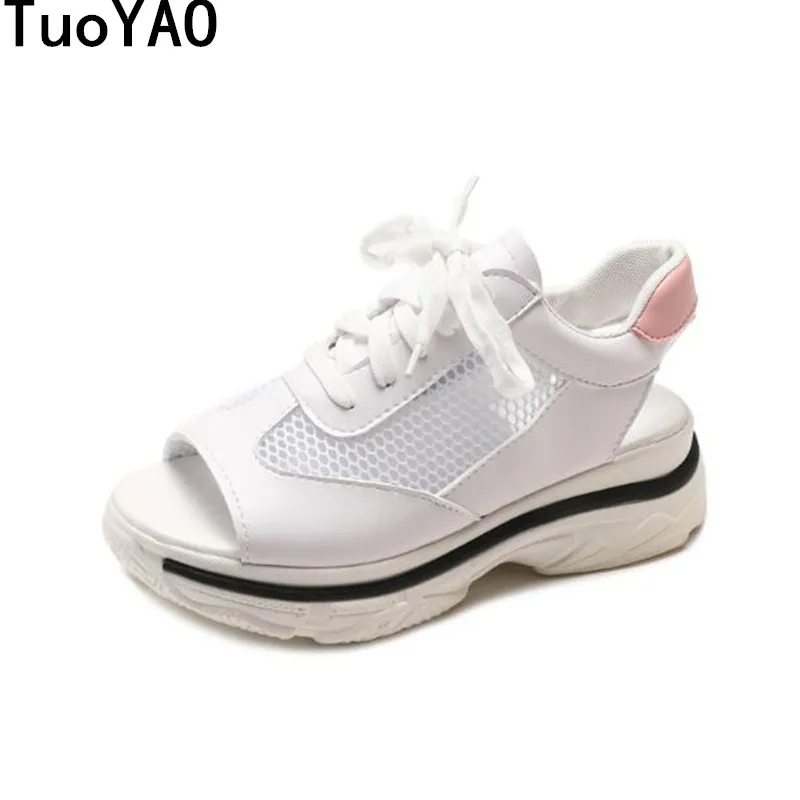 

Fashion 2019 Beach Shoes Women Summer New Sweet Lace-Up Open Toe Wedge Sandals White Pink High-Heeled Shoes Platform Sandals