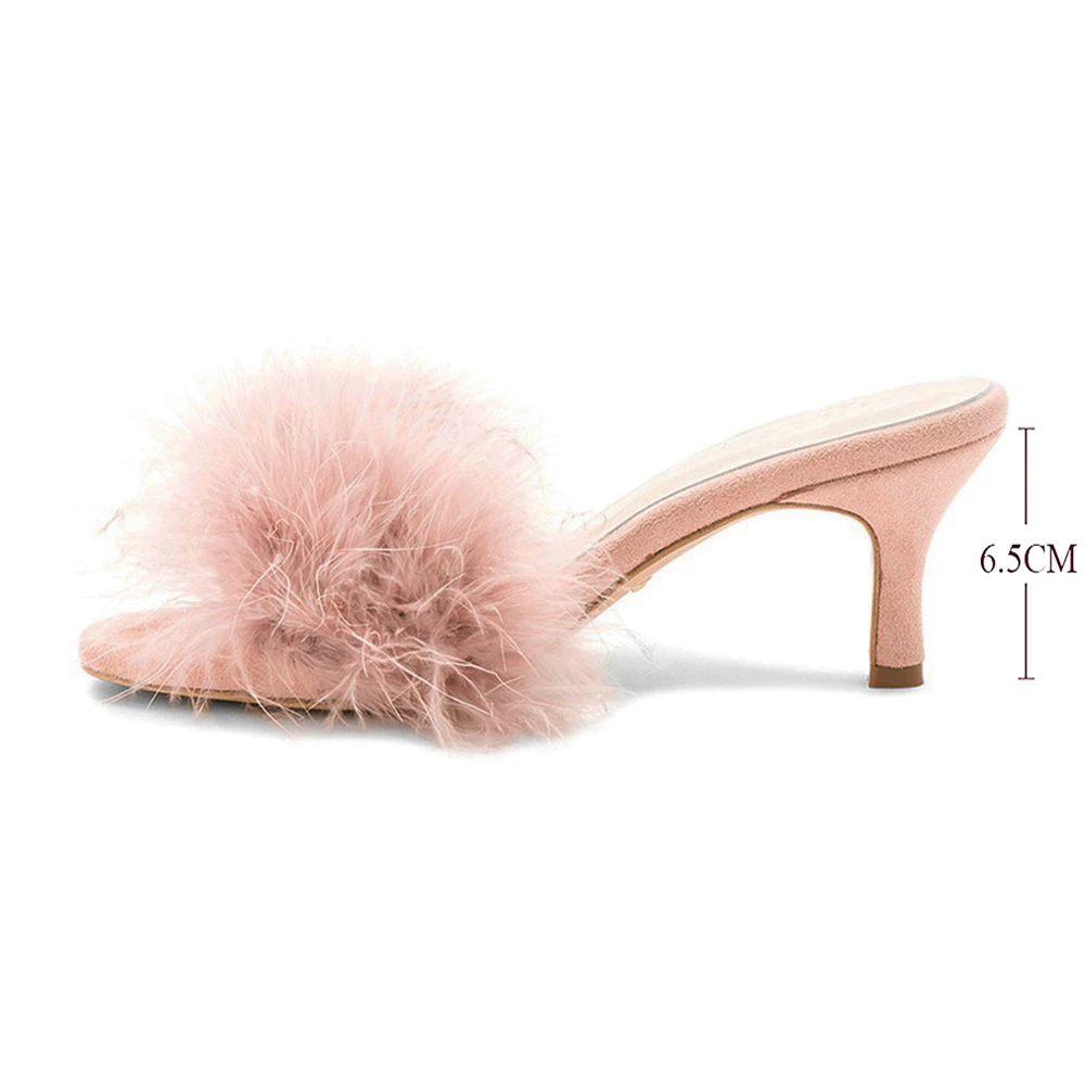 

Daiwenjie New Fashion Spring/Autumn Fluffy Fur Women Mules Round Open Toe 6.5 Cm Stiletto Heel Slippers