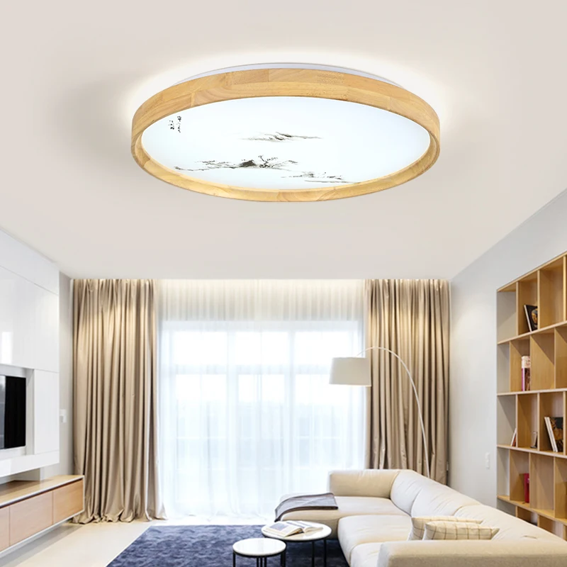 

24W LED Modern Ceiling Light Round Wooden Ceiling Light Fixture Remote Control Indoor Bedroom Surface Mounted Decor Lighting