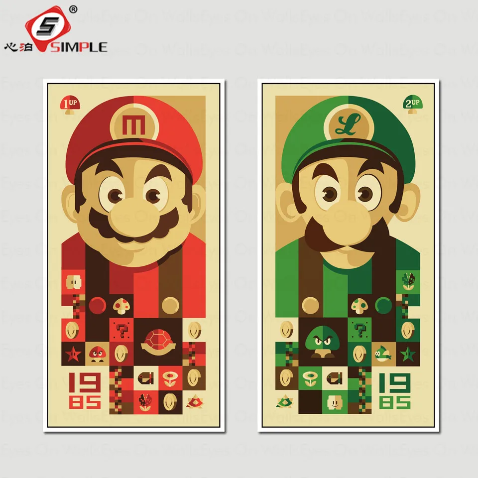 No Frame 2 Panel Cartoon Super Mario Bros Print Poster Canvas Painting