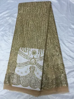 

2017 NEW design glitter sequins French lace fabric African tulle gold embroidery bridal dress wedding gift