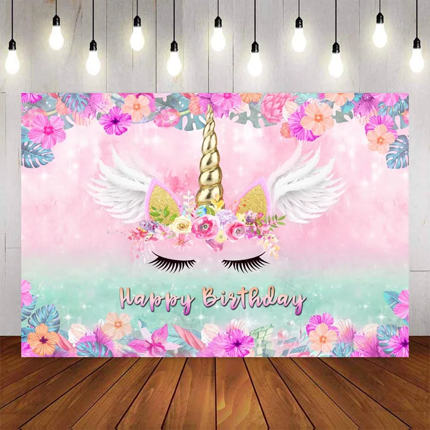 

Photography Backdrop Unicorn Wing Rainbow Flowers Happy Birthday Party Background Photo Studio Backdrop Photocall Photo Prop