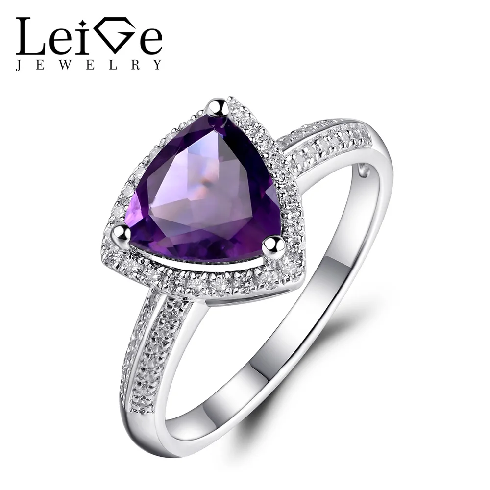 Leige Jewelry Triangle Cut Real Amethyst Engagement Ring 925 Sterling