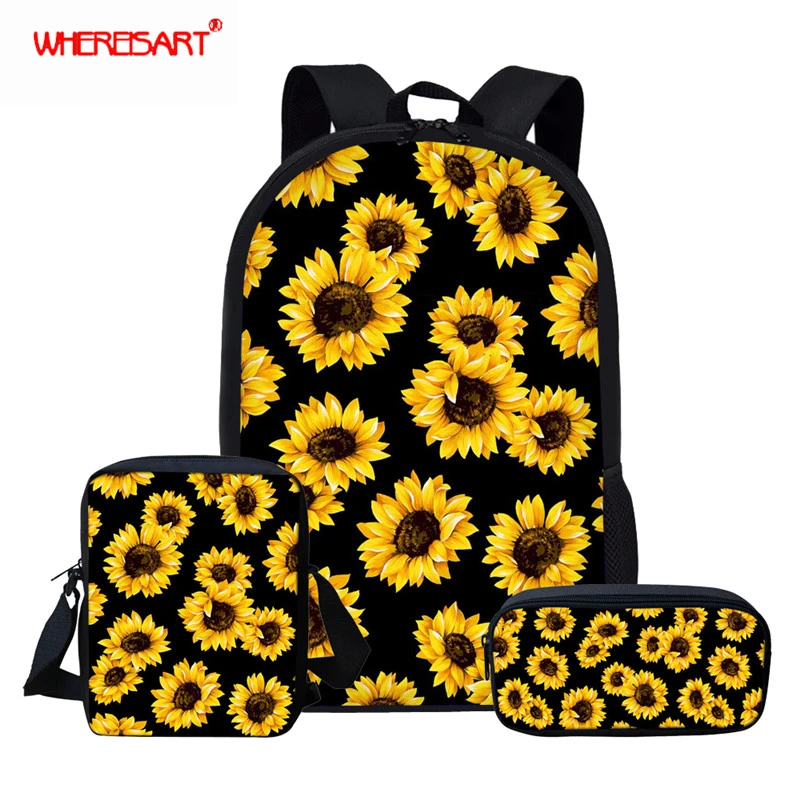 

WHEREISART Daisy Sunflower Pattern School Bags for Girls, 3Pcs/set Summer Flower Prints Backpacks, Portfolio Bookbag Satchel