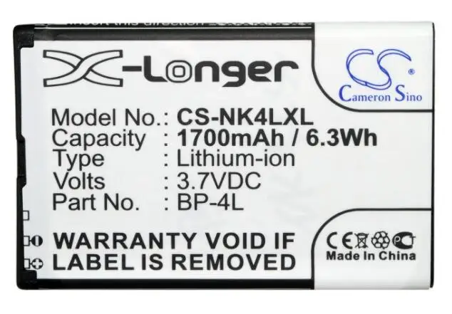 Batteria Cameron Sino Da 1700Mah Per Ace Olympus Magna 2 N4L120J Per Digma E601Hd Eb-4L Per Nokia 6760 Slide E52 E55 E61I E63