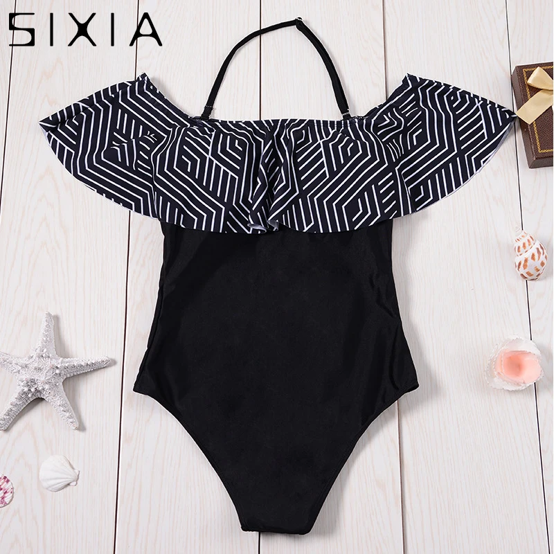 

Black Off Shoulder Swimsuit One Piece Swimwear Ruffle Sexy Swimwear Bandeau Padded Monokini Women Striped Summer Bathing Suit XL