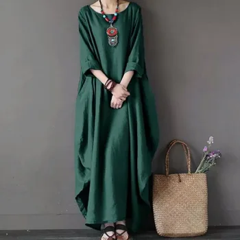 

Women Boho Long Dress Big Hem Solid Color Baggy Crew Neck Casual Dress for Summer TC21