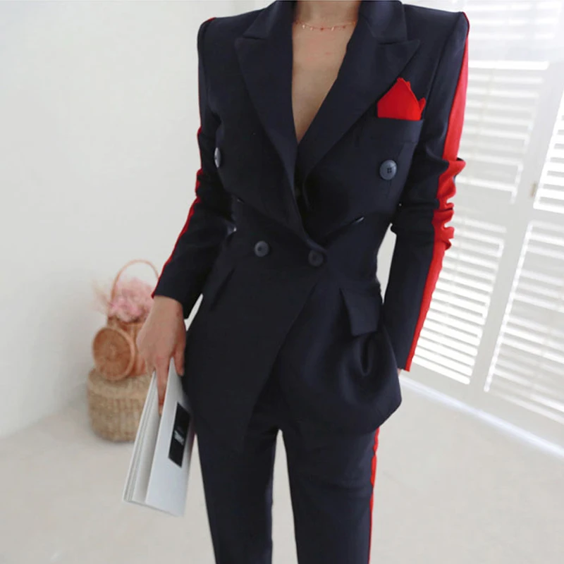 2019 Women's Pant Suit Spliced Blazer Coat And Wide Leg Pants 2 Piece Set Women Long Sleeve Slim Business Office Suits Trouser