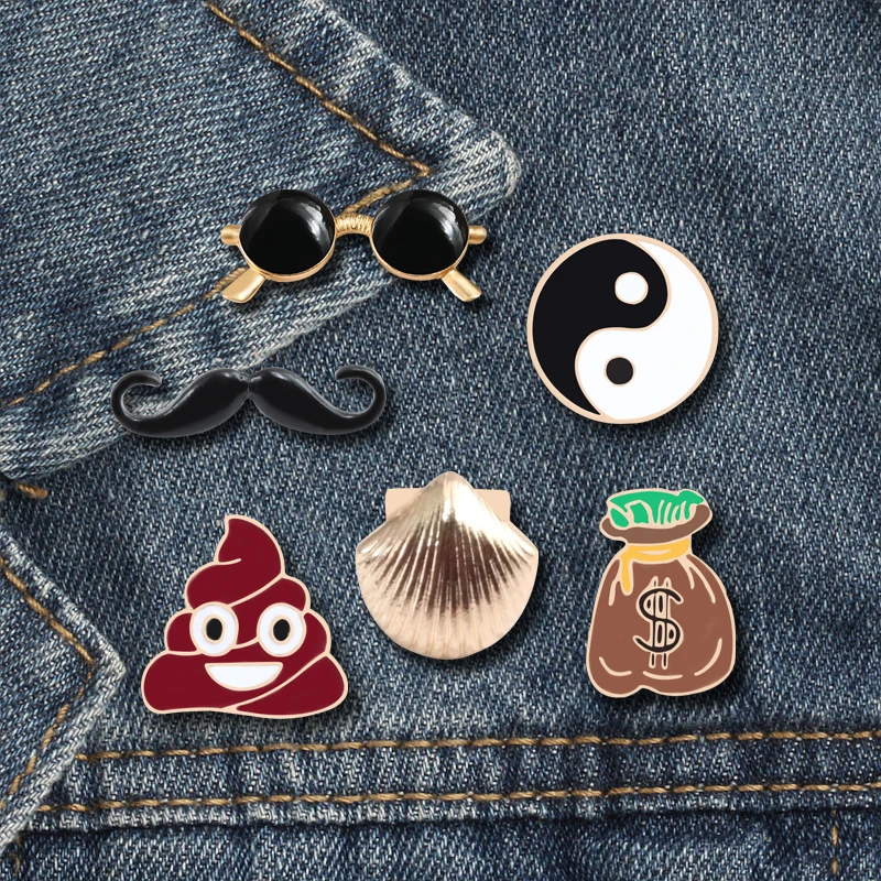 

Vintage Gossip Men's Pin Glasses Moustache Funny Brooches Accessories Money Bag Shit Pins Enamel Denim Backpack Badge Jewelry