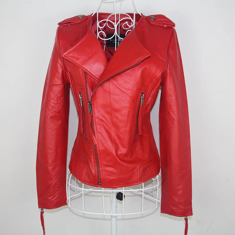 Весенняя тонкая короткая Дизайнерская Женская одежда из натуральной кожи с круглым вырезом, кожаная куртка из овчины, верхняя одежда - Цвет: red