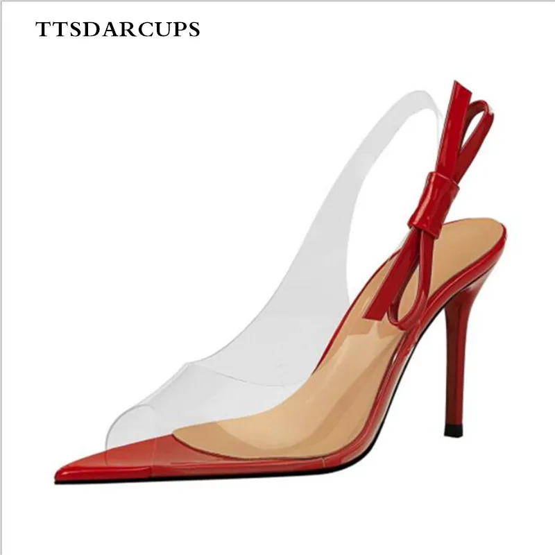 

TTSDARCUPS Euro-American style transparent bare feet sexy thin pointed fish mouth hollow back strap bow sandals shose women 40